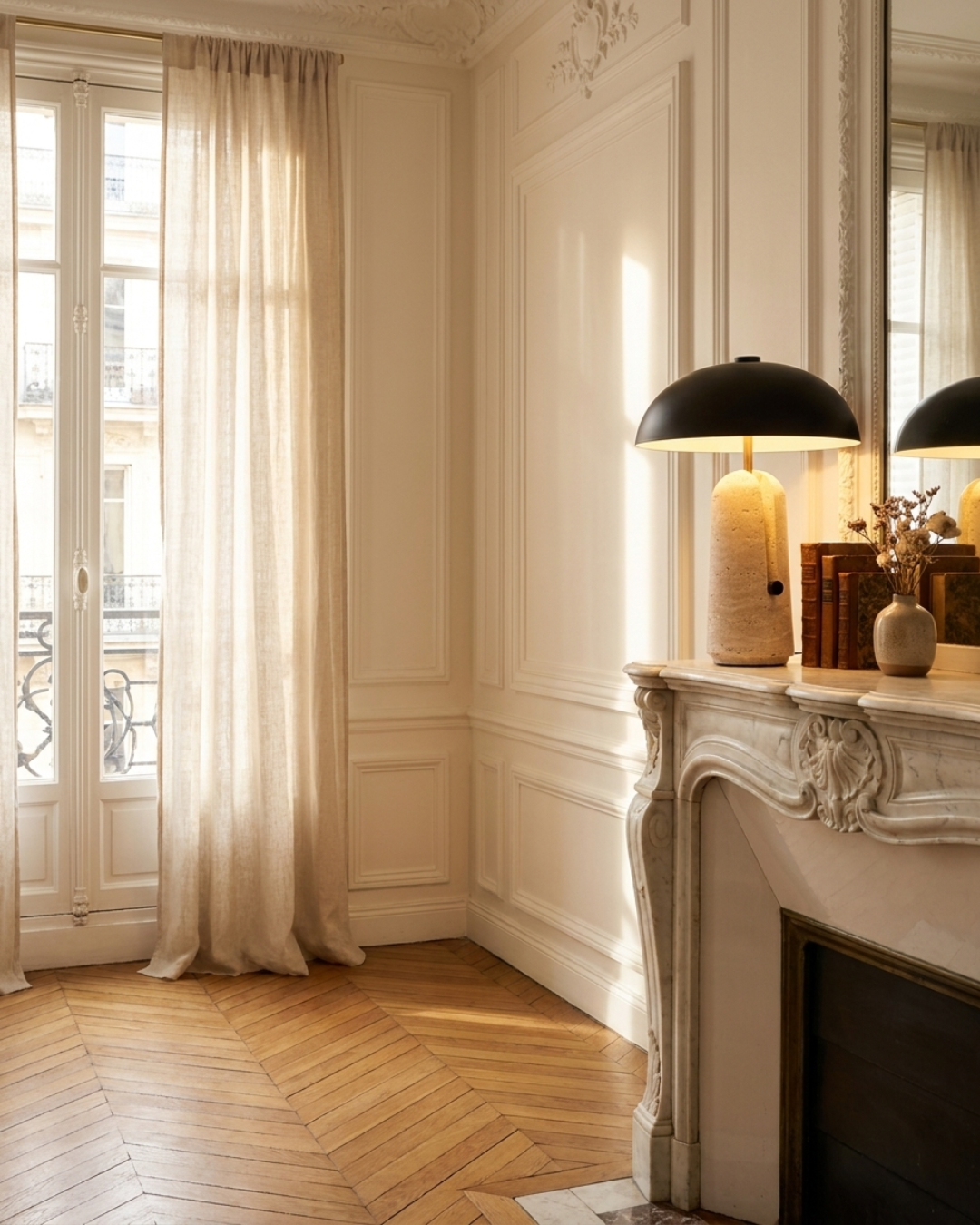 Lampe à poser : travertin et abat-jour hémisphérique noir