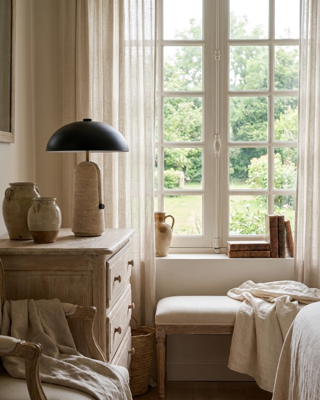 Lampe à poser : travertin et abat-jour hémisphérique noir