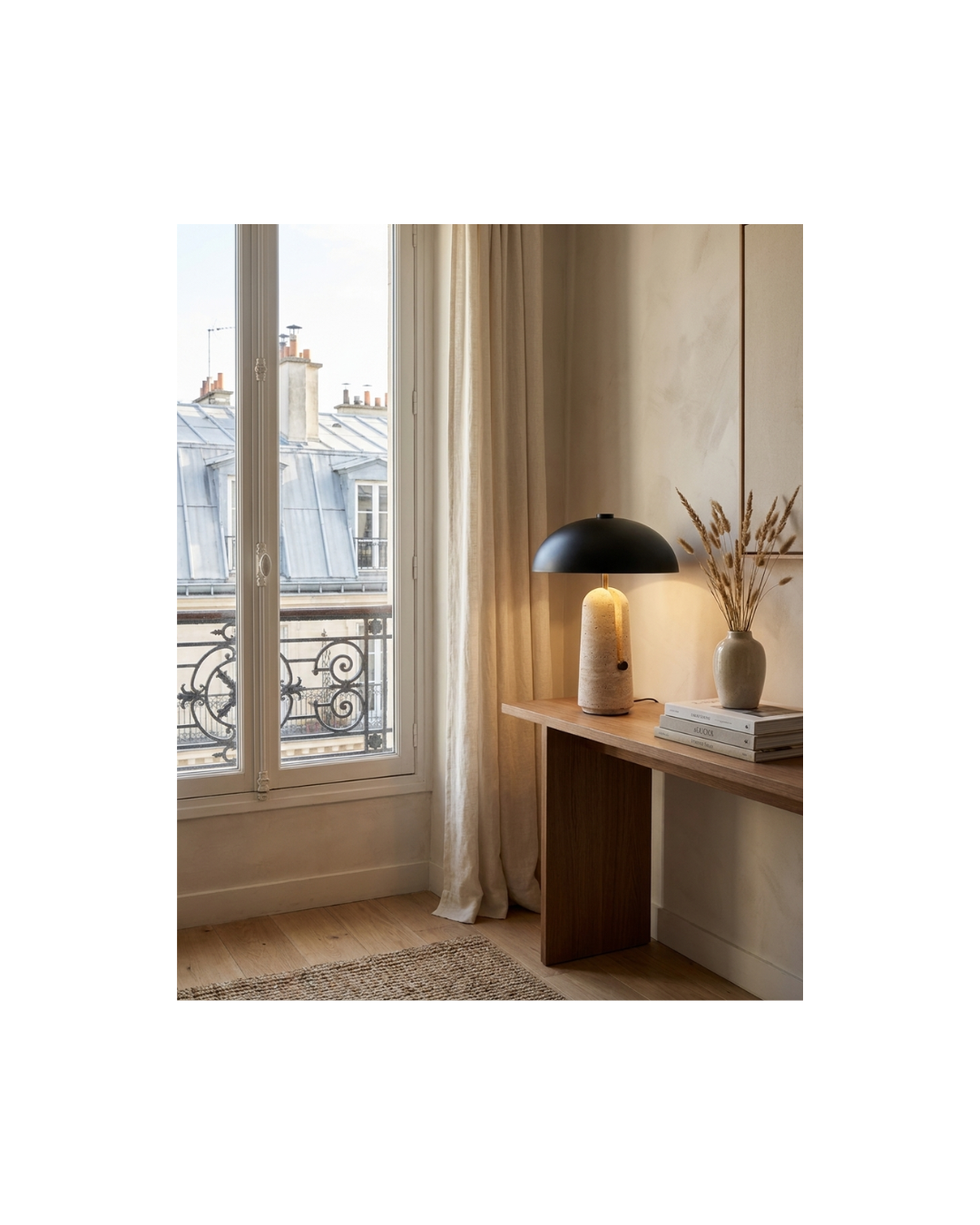 Lampe à poser : travertin et abat-jour hémisphérique noir