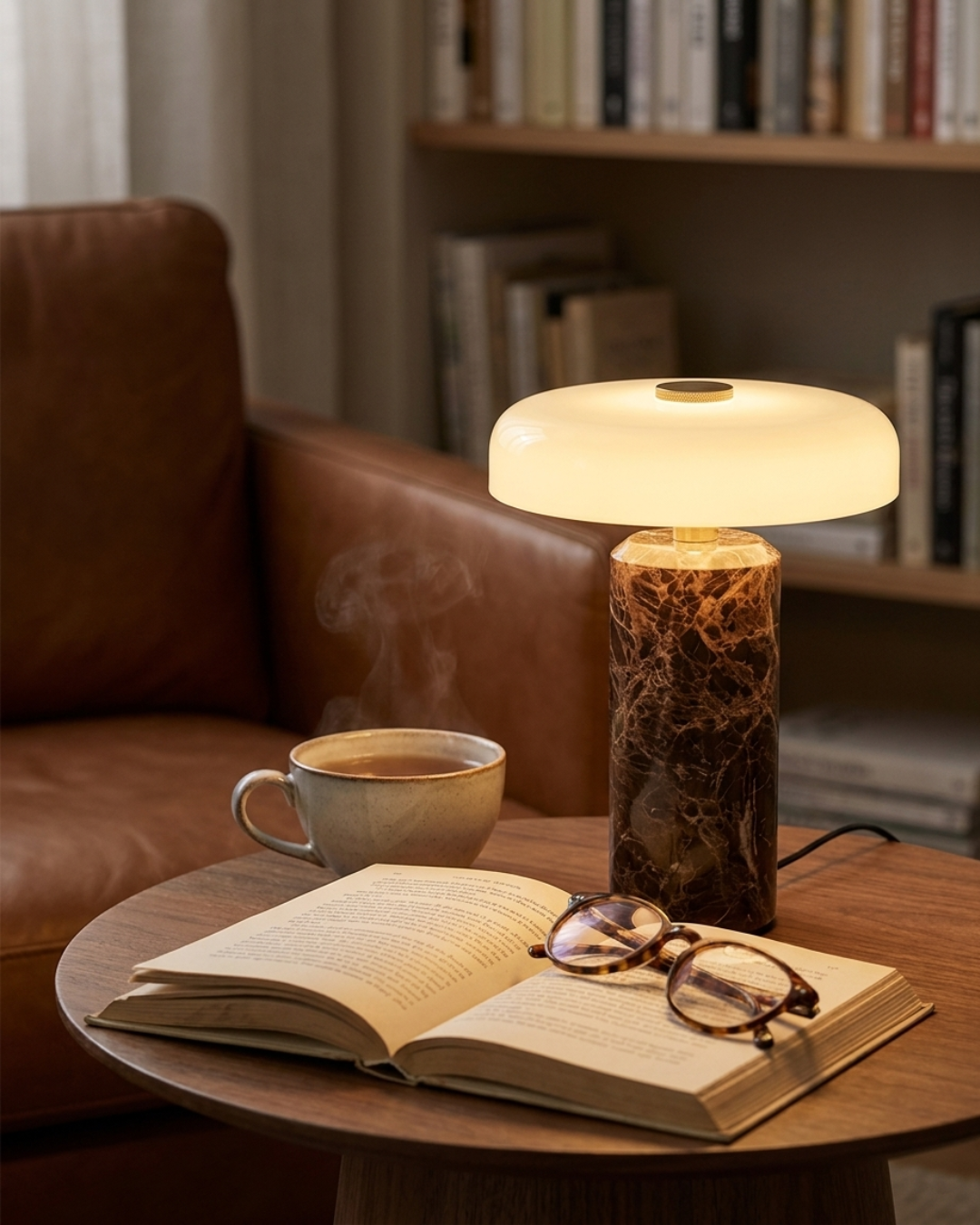 Lampe à poser champignon compact : marbre brun et abat-jour acrylique