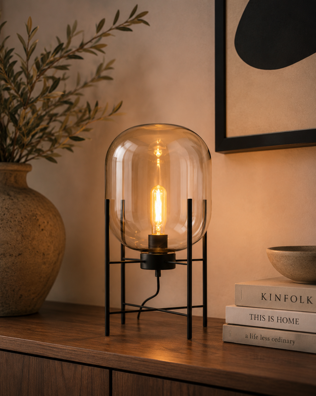 Lampe de table verre et trépied métal : Globe sur pieds