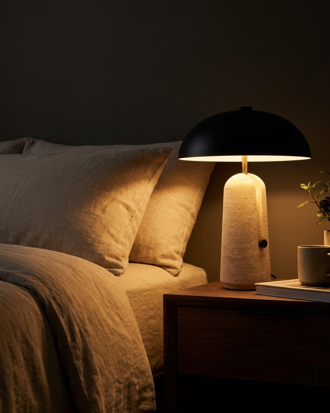 Lampe à poser : travertin et abat-jour hémisphérique noir