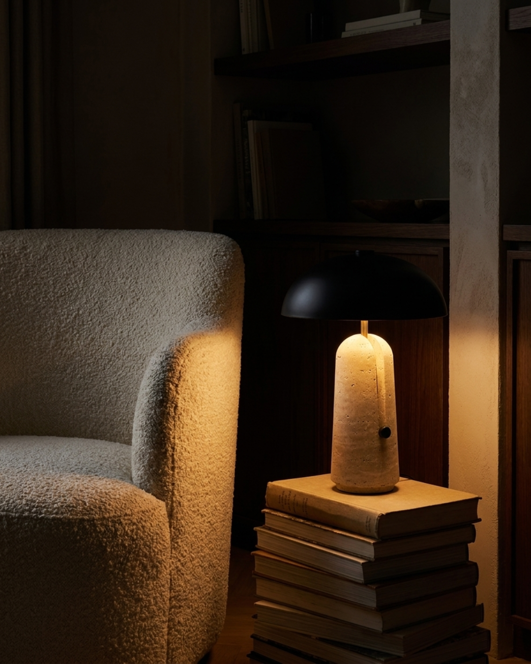 Lampe à poser : travertin et abat-jour hémisphérique noir