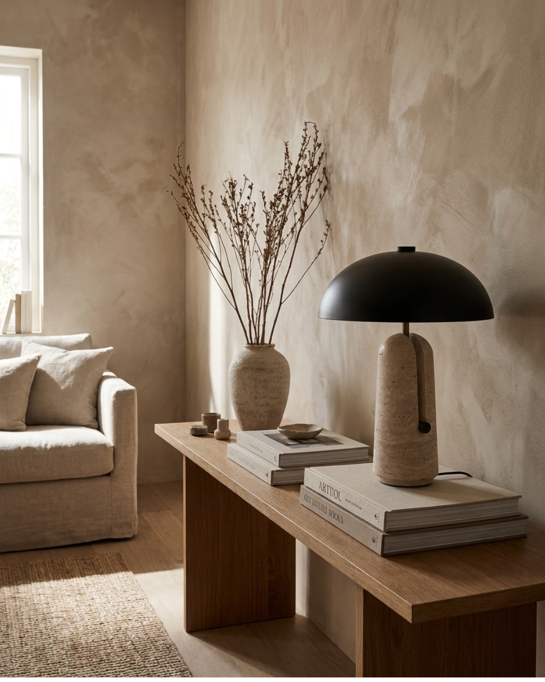 Lampe à poser : travertin et abat-jour hémisphérique noir