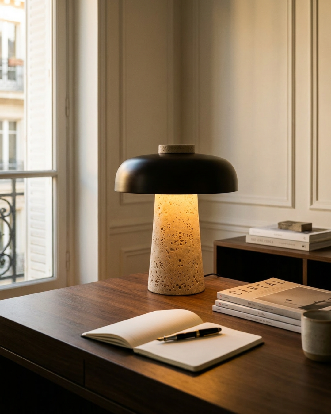 Lampe de table travertin et fer : Champignon naturel petit format