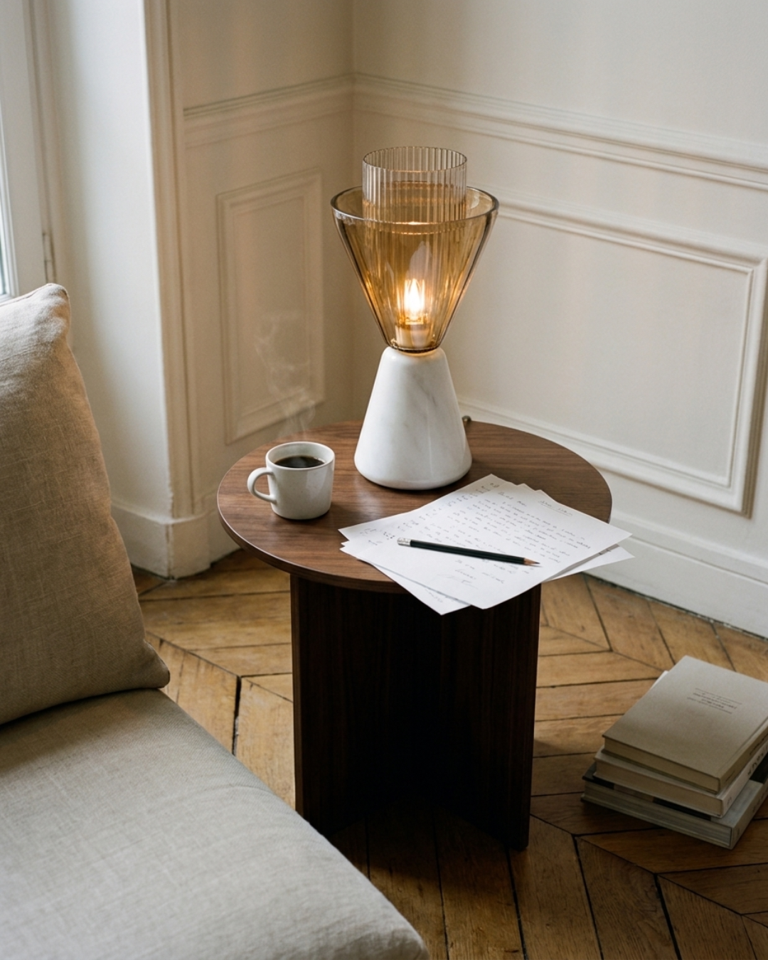 Lampe de table marbre et verre : Carafe nervurée