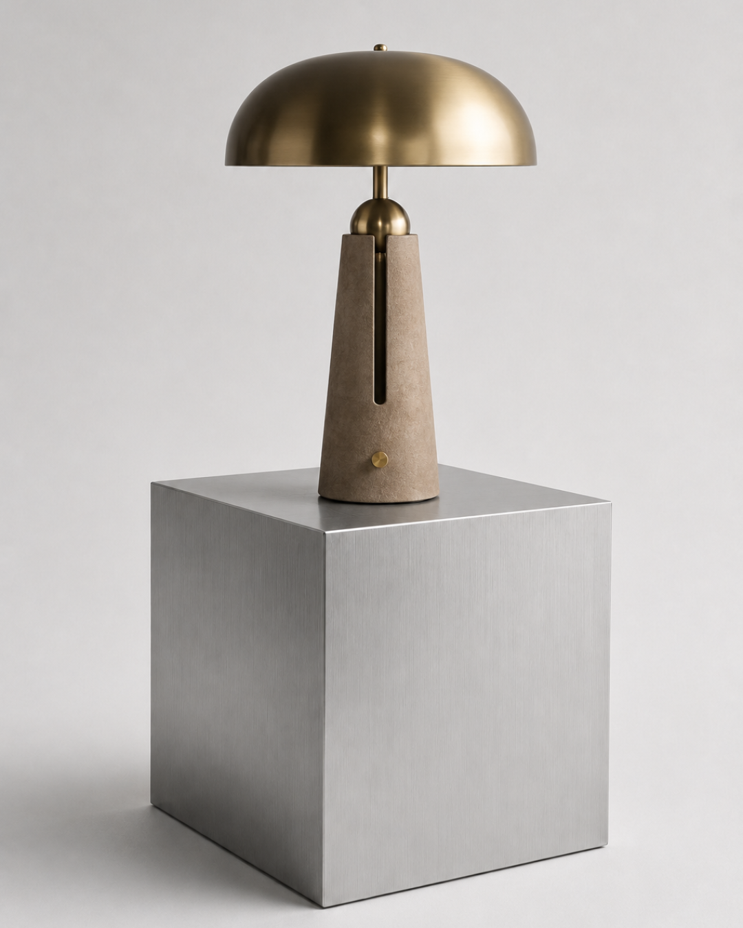 Lampe à poser champignon : fût béton et abat-jour doré brossé