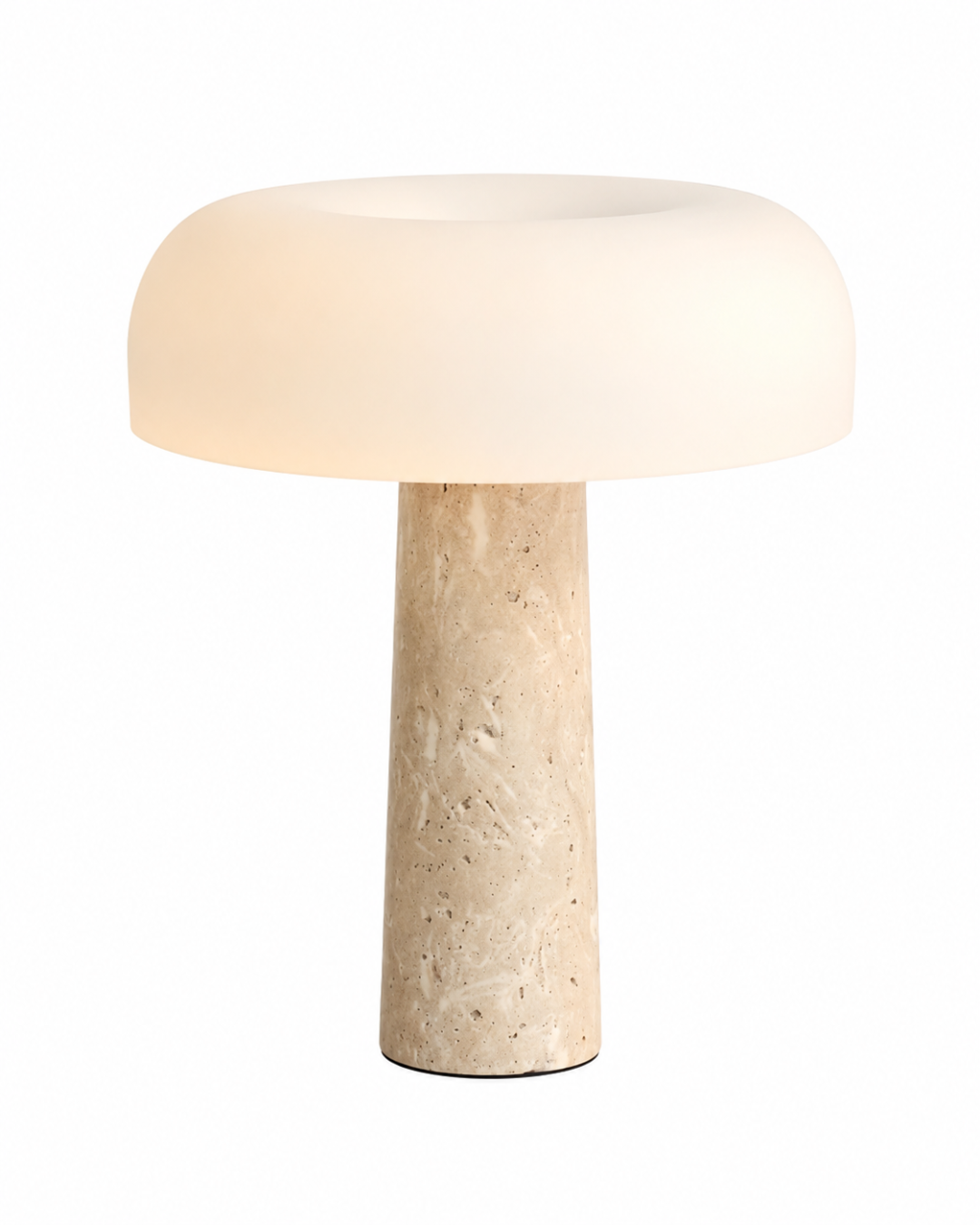 Lampe à poser champignon : travertin et verre soufflé