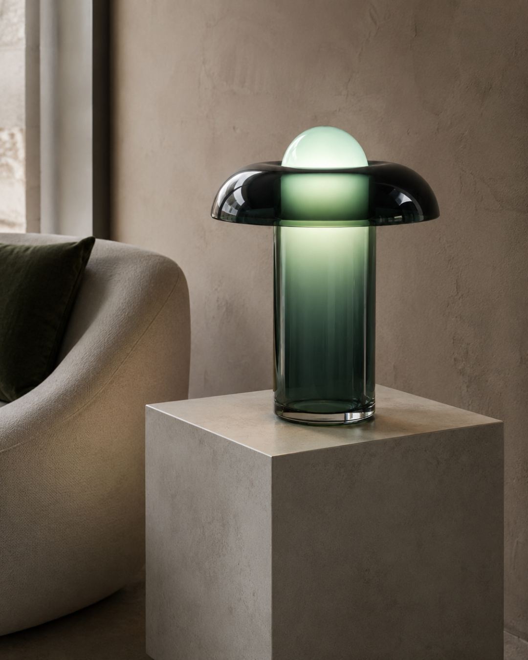 Lampe de table verre : Champignon dégradé vert fumé