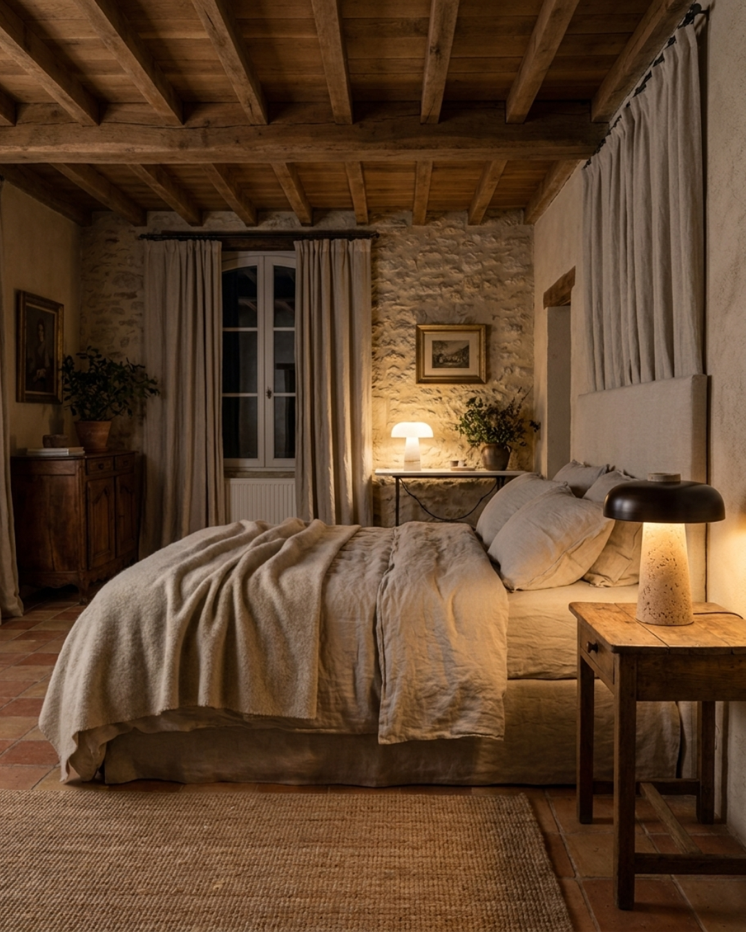 Lampe de table travertin et fer : Champignon naturel grand format
