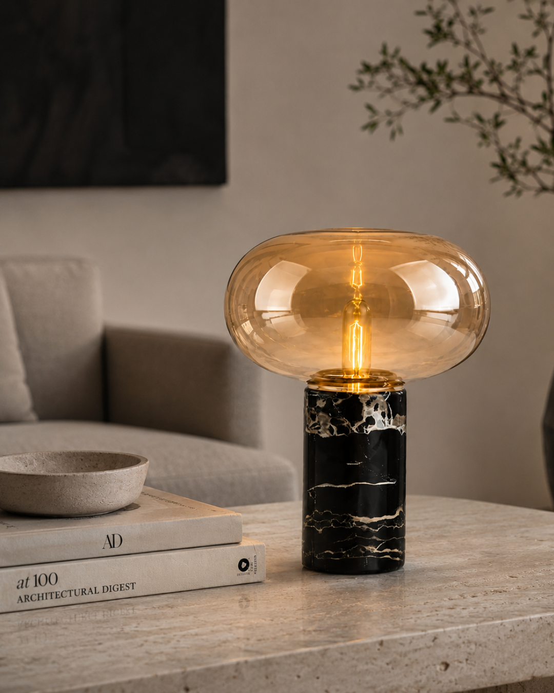 Lampe de table marbre et verre : Champignon grand format