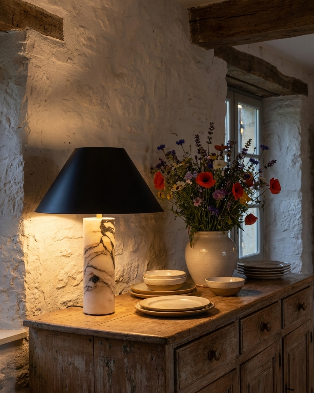 Lampe à poser : pied marbre Borghini et abat-jour conique
