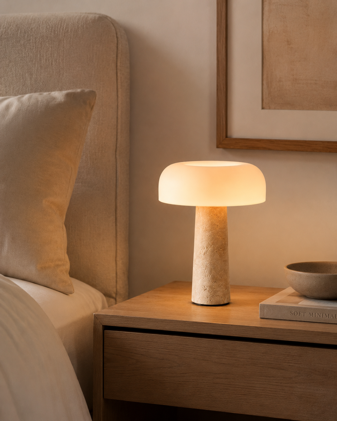 Lampe à poser champignon : travertin et verre soufflé