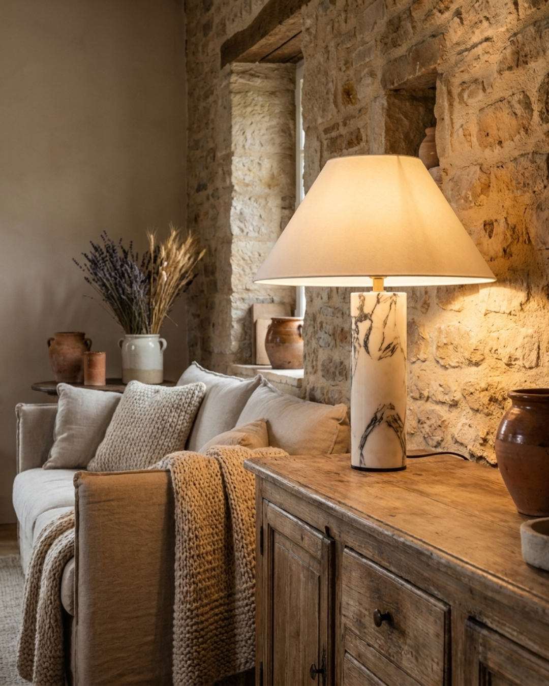 Lampe à poser : pied marbre Borghini et abat-jour conique