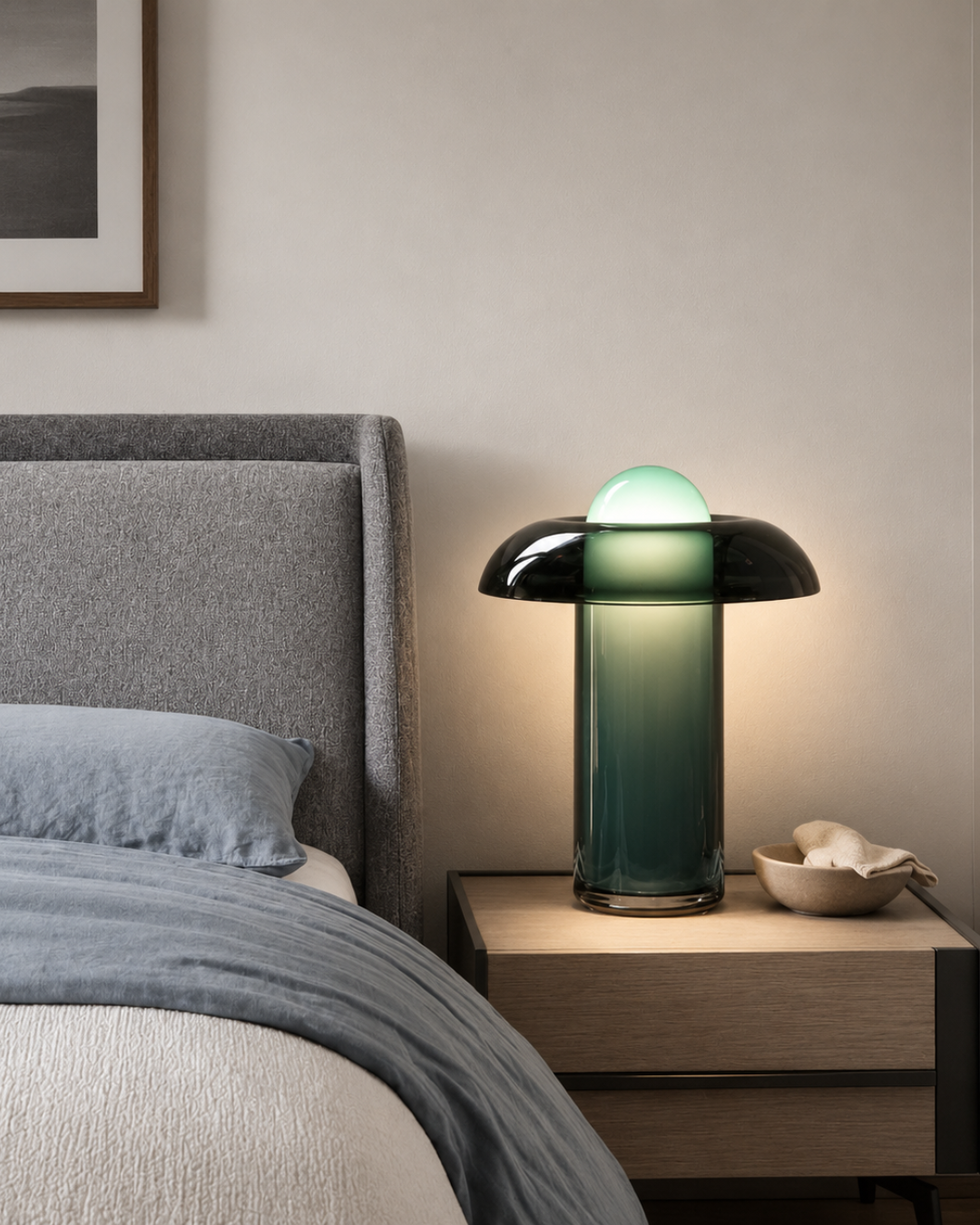 Lampe de table verre : Champignon dégradé vert fumé