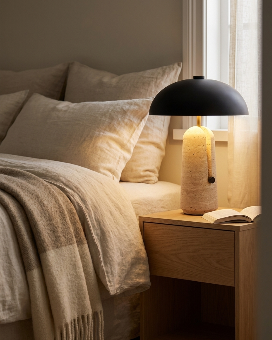 Lampe à poser : travertin et abat-jour hémisphérique noir