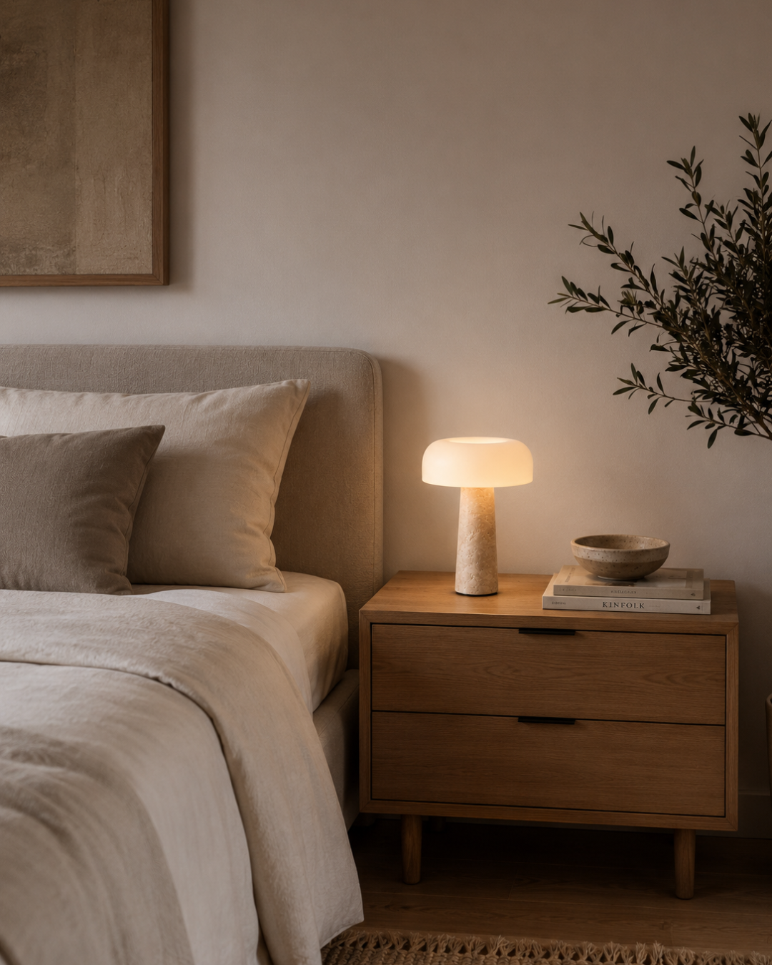 Lampe à poser champignon : travertin et verre soufflé