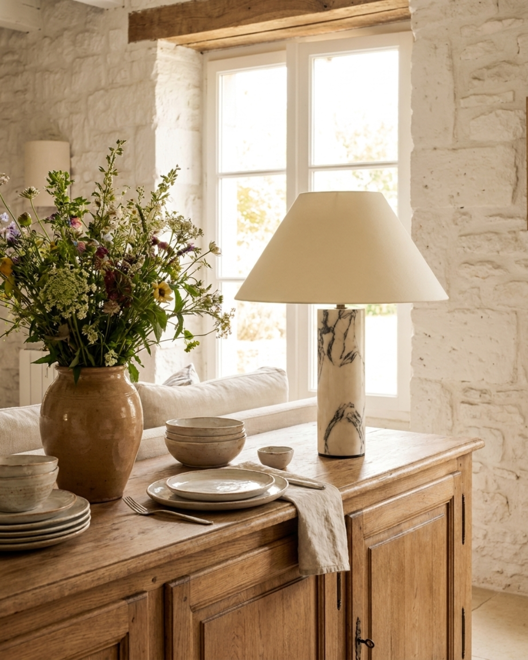 Lampe à poser : pied marbre Borghini et abat-jour conique