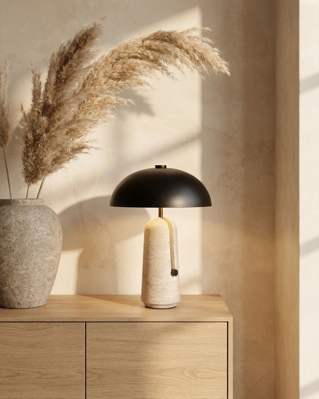 Lampe à poser : travertin et abat-jour hémisphérique noir