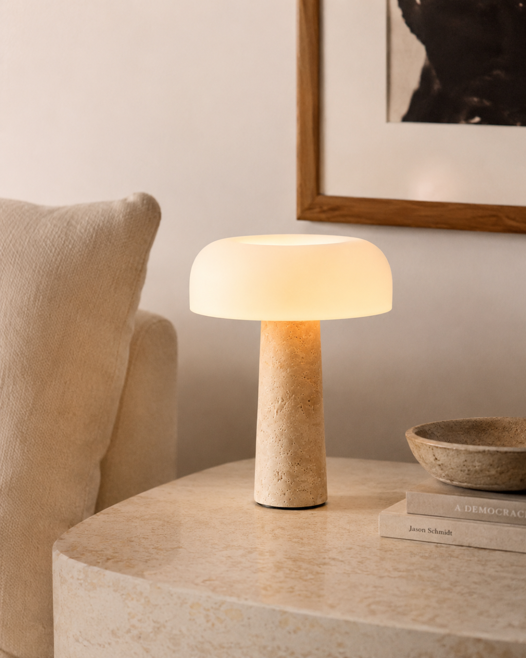 Lampe à poser champignon : travertin et verre soufflé