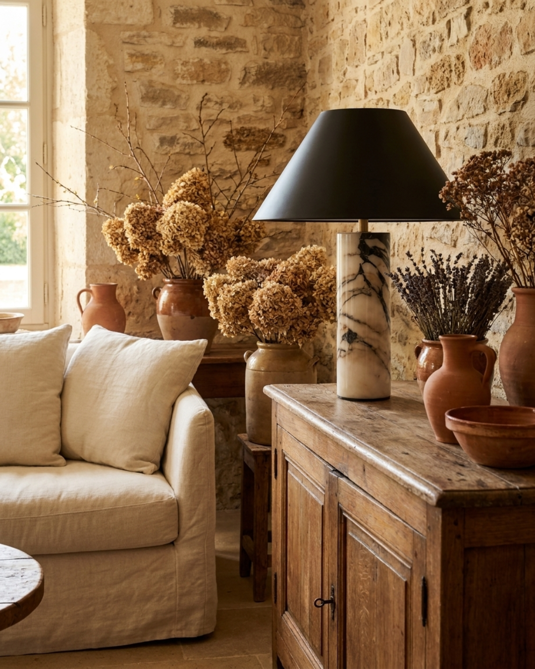 Lampe à poser : pied marbre Borghini et abat-jour conique