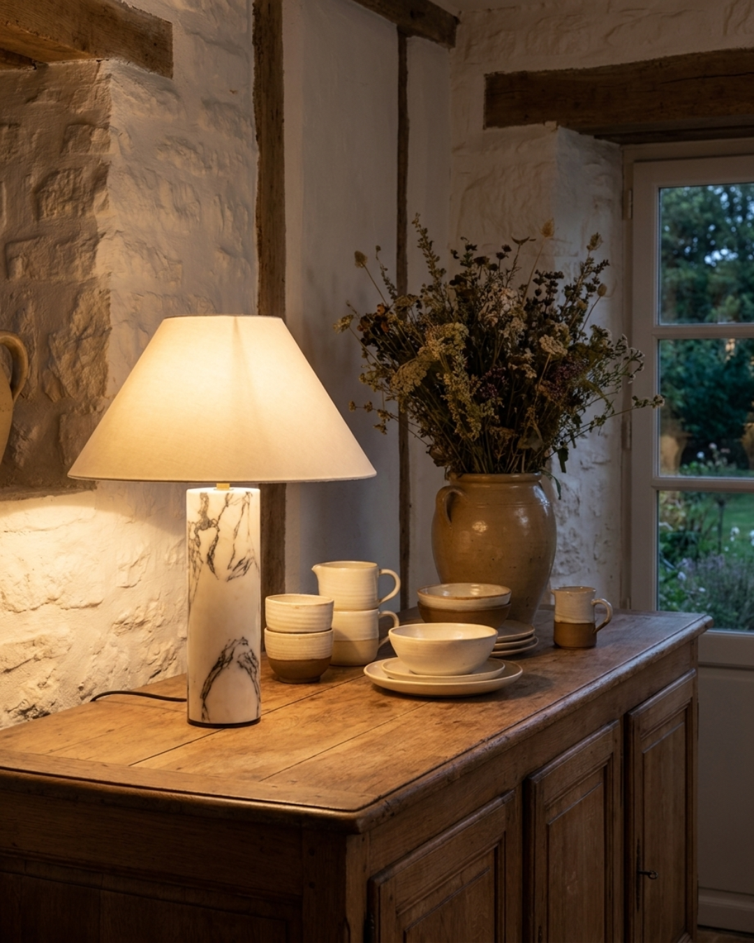 Lampe à poser : pied marbre Borghini et abat-jour conique