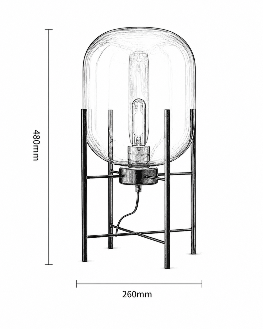 Lampe de table verre et trépied métal : Globe sur pieds