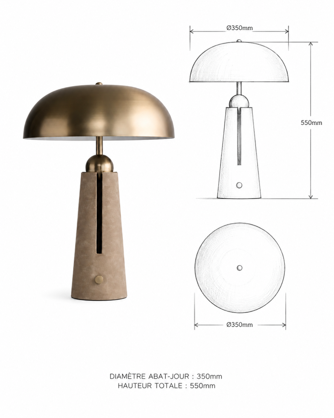 Lampe à poser champignon : fût béton et abat-jour doré brossé