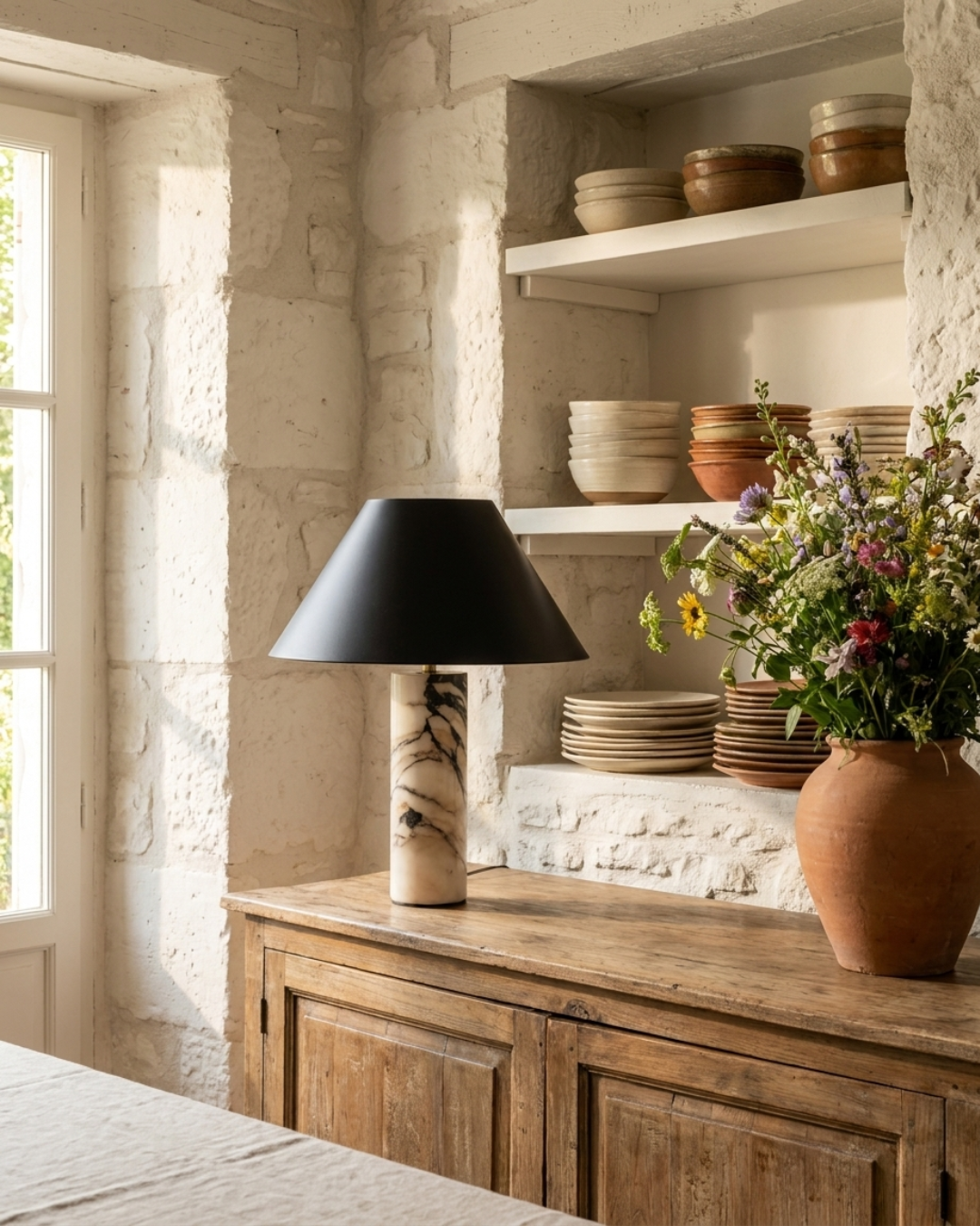 Lampe à poser : pied marbre Borghini et abat-jour conique
