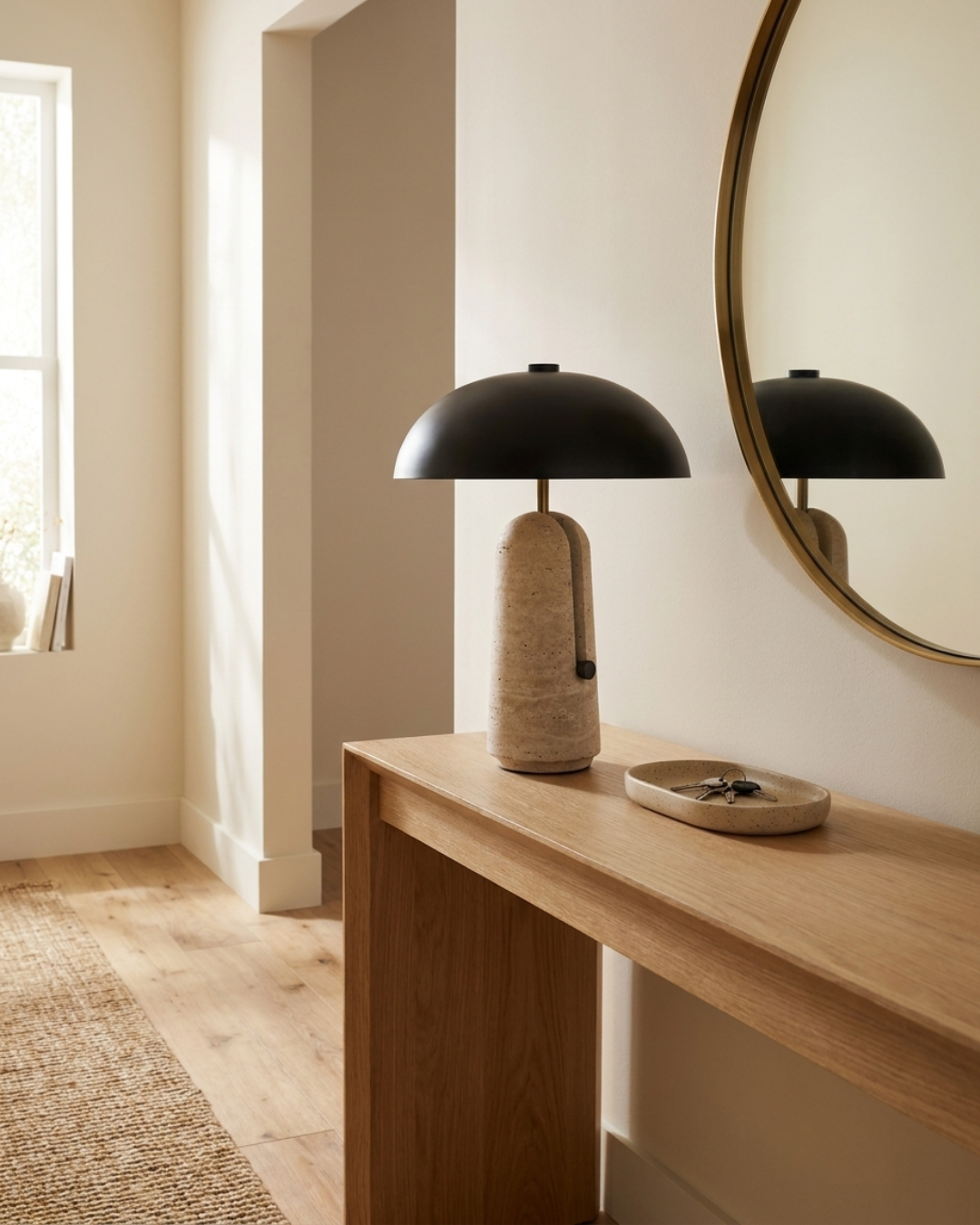 Lampe à poser : travertin et abat-jour hémisphérique noir
