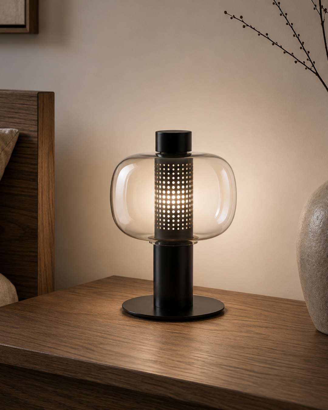 Lampe à poser verre globulaire : corps métal et abat-jour teinté