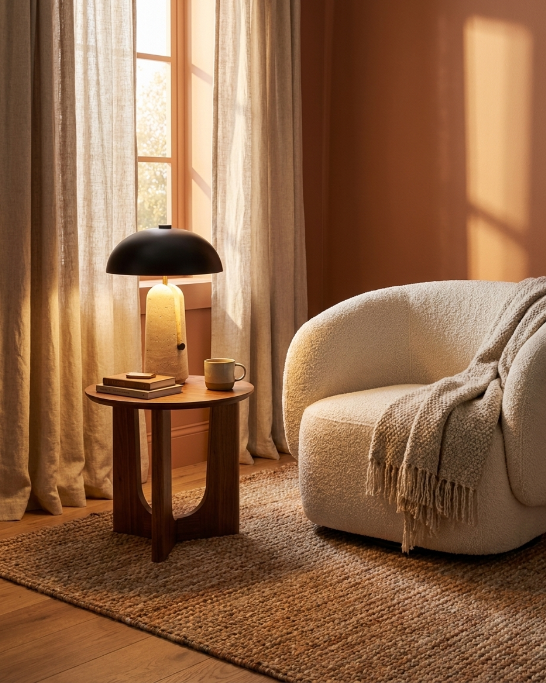 Lampe à poser : travertin et abat-jour hémisphérique noir