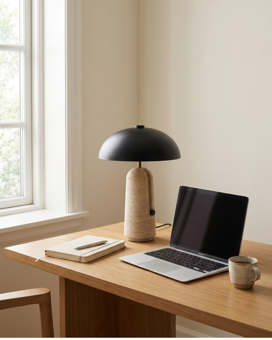 Lampe à poser : travertin et abat-jour hémisphérique noir