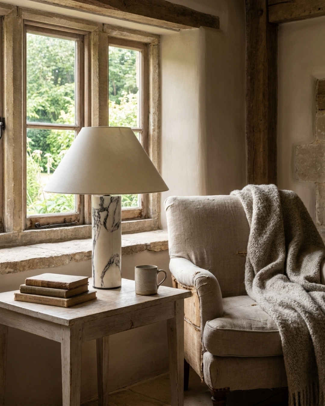 Lampe à poser : pied marbre Borghini et abat-jour conique