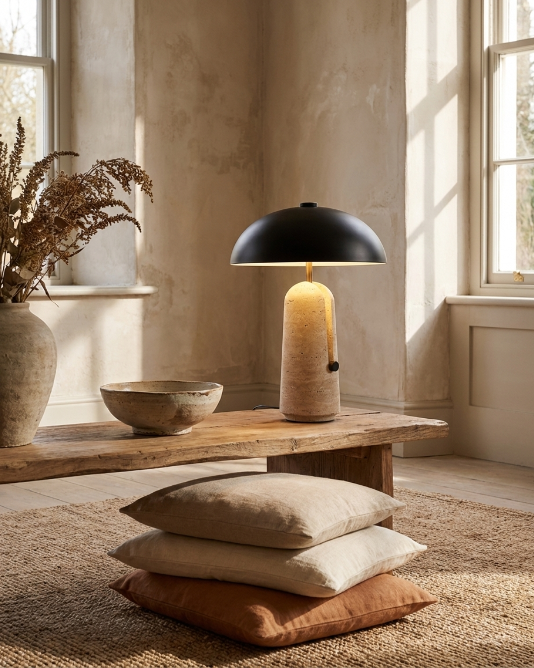 Lampe à poser : travertin et abat-jour hémisphérique noir