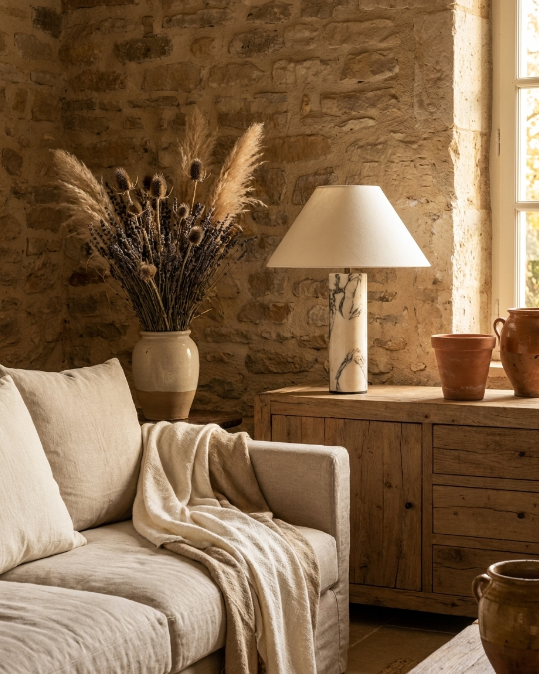 Lampe à poser : pied marbre Borghini et abat-jour conique