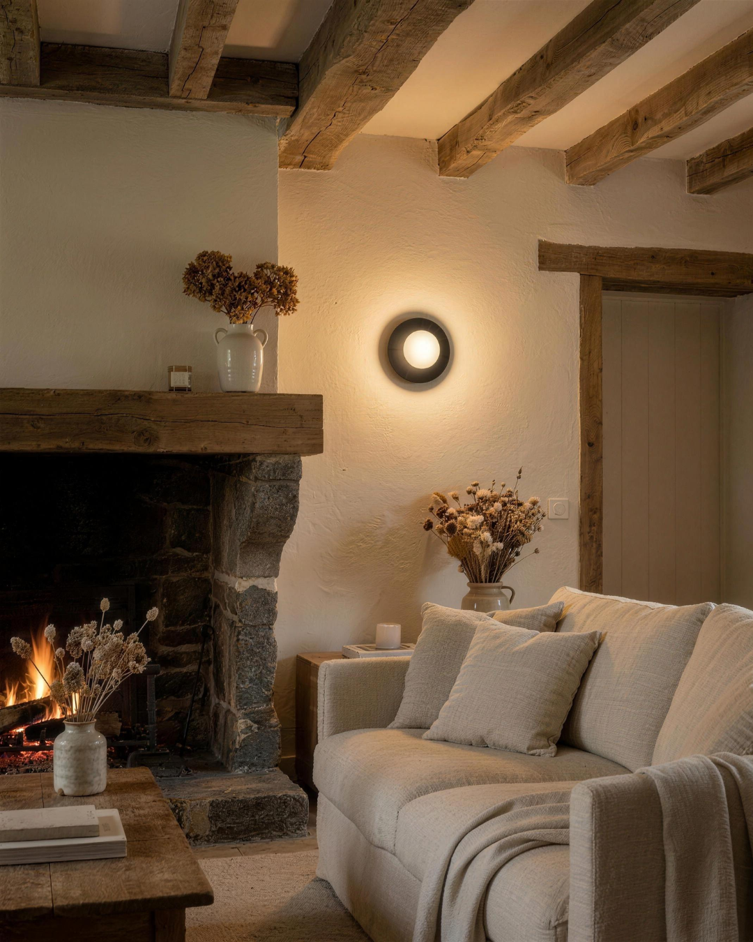 Applique murale ronde : pierre cloudstone neige et acier noir brossé