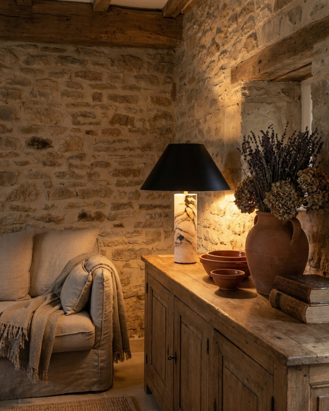 Lampe à poser : pied marbre Borghini et abat-jour conique
