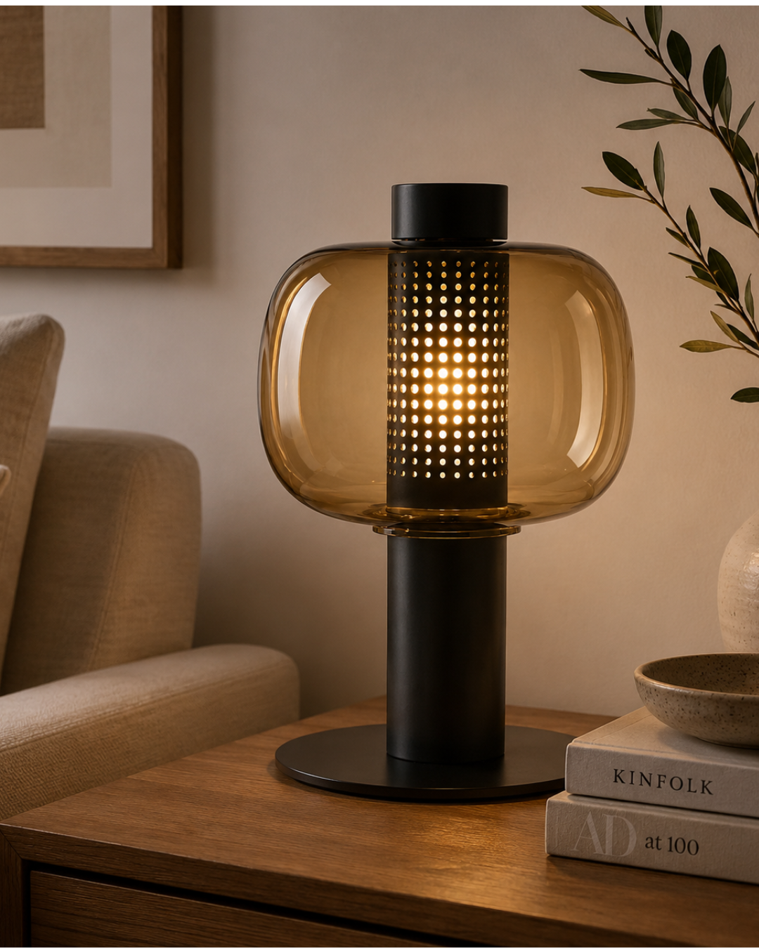 Lampe à poser verre globulaire : corps métal et abat-jour teinté