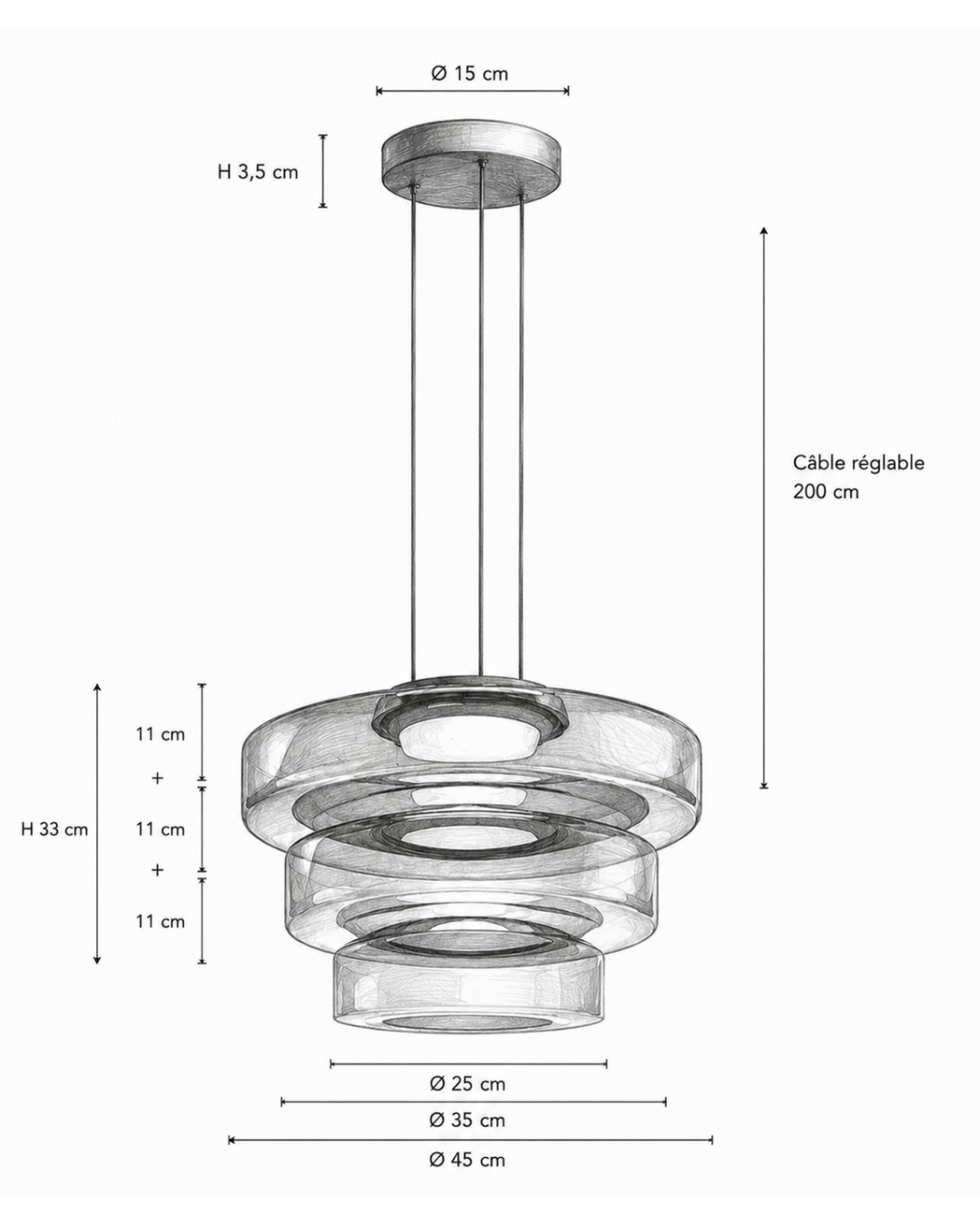 Suspension verre Wabi-sabi : Triple coupelle 25+35+45 cm